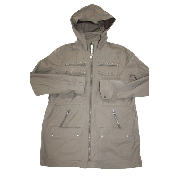 IKKS Girls Light Weight Cargo Utility Military JacketHood Size L Khaki Brown